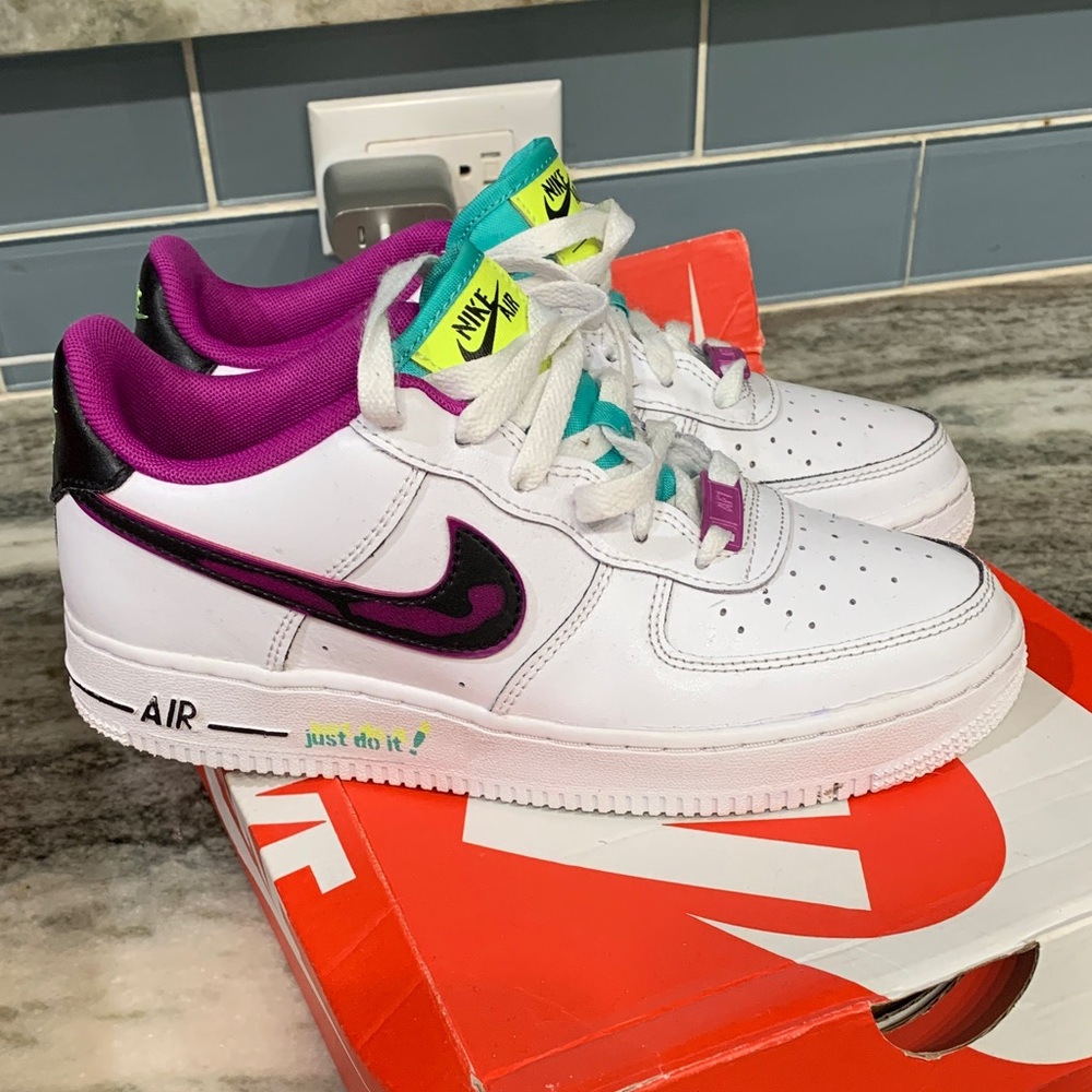 Nike Air White and Purple  Air Force 1 Sneakers with Teal Accents